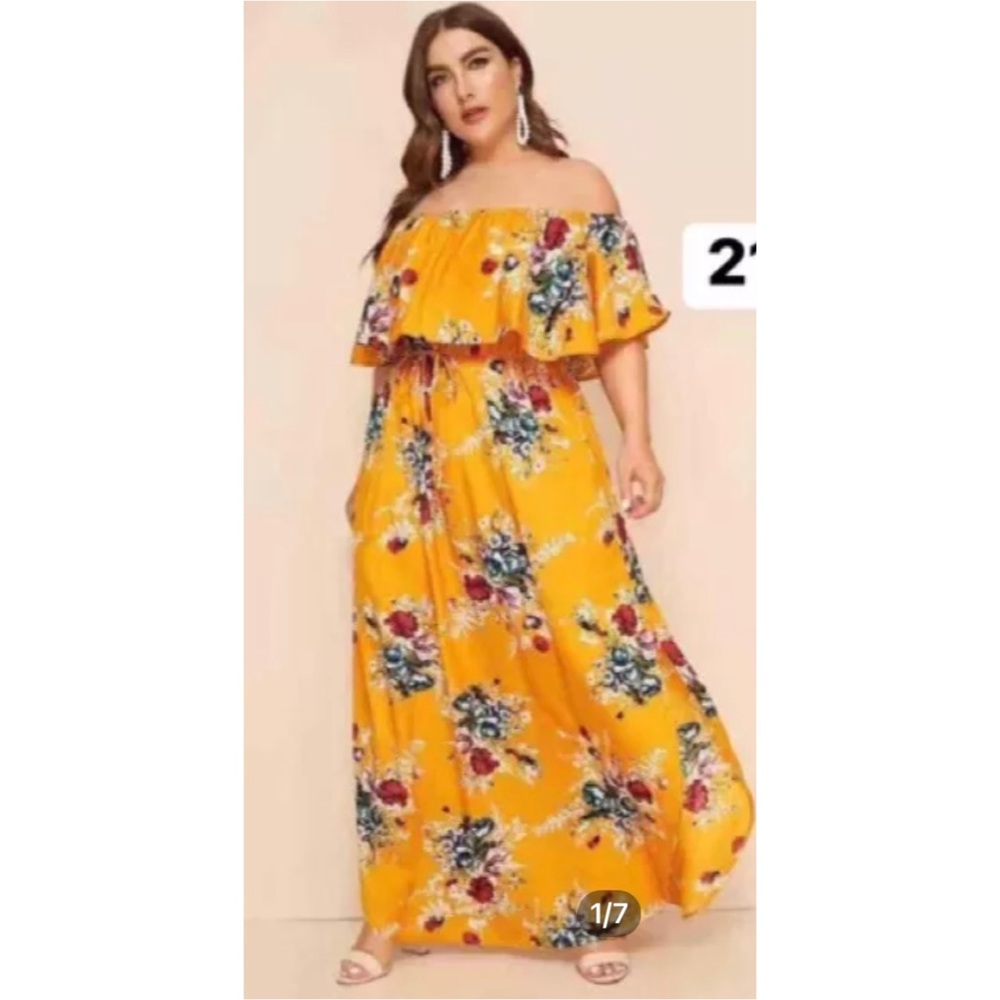 Plus Size Yellow Floral Maxi Dress Off Shoulder Women’s